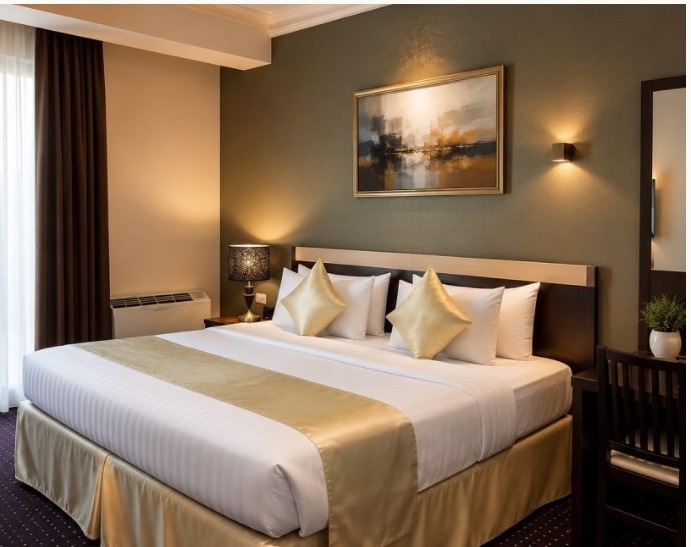 Elegant guest room with gold accents at The Gates Hotel