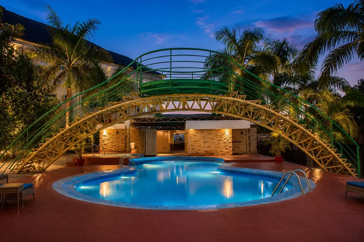 Hotel pool courtyard at twilight
